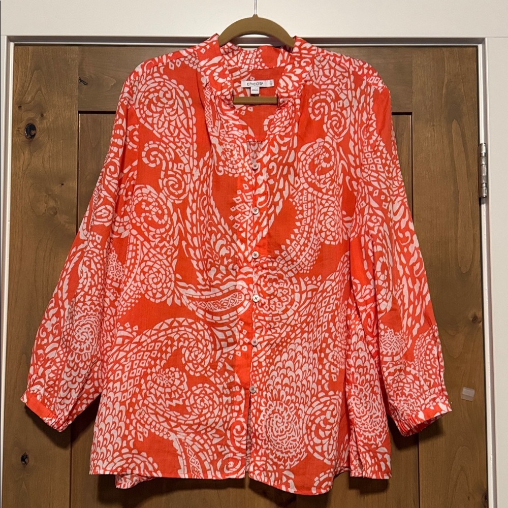 Chico’s  Button Down Blouse Top Womens 16 Orange White peasant Prairie Bohemian